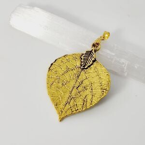 Gold Toned Leaf Stamped Detailed Pendant Charm Large 2.15"